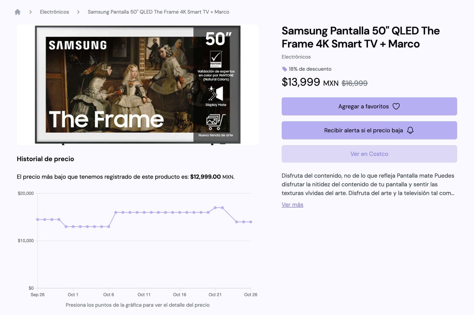 lifi.mx: listado de productos de Costco México con gráficas de historial de precios