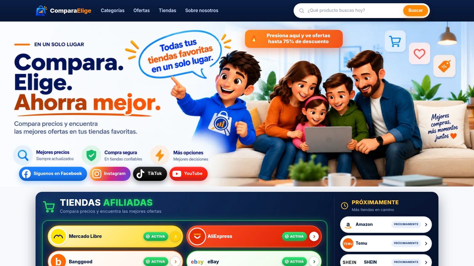 Portada de ComparaElige con sus tiendas afiliadas: Mercado Libre, AliExpress, Banggood y eBay.