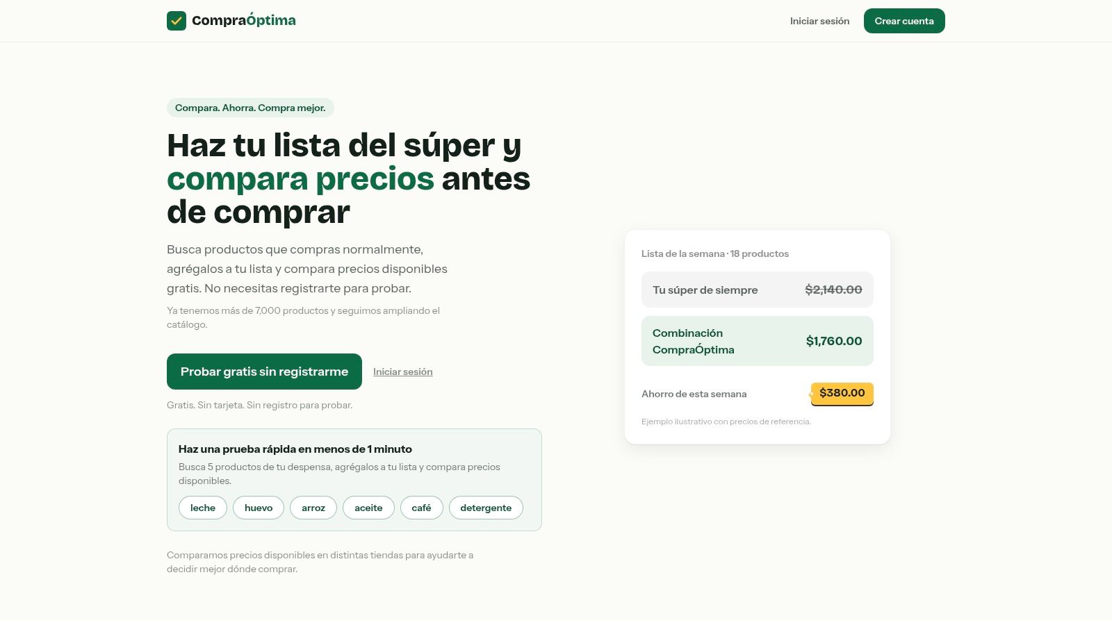 Portada de CompraÓptima con su lista del súper y la comparación entre el total del súper habitual y la combinación más barata de la semana.