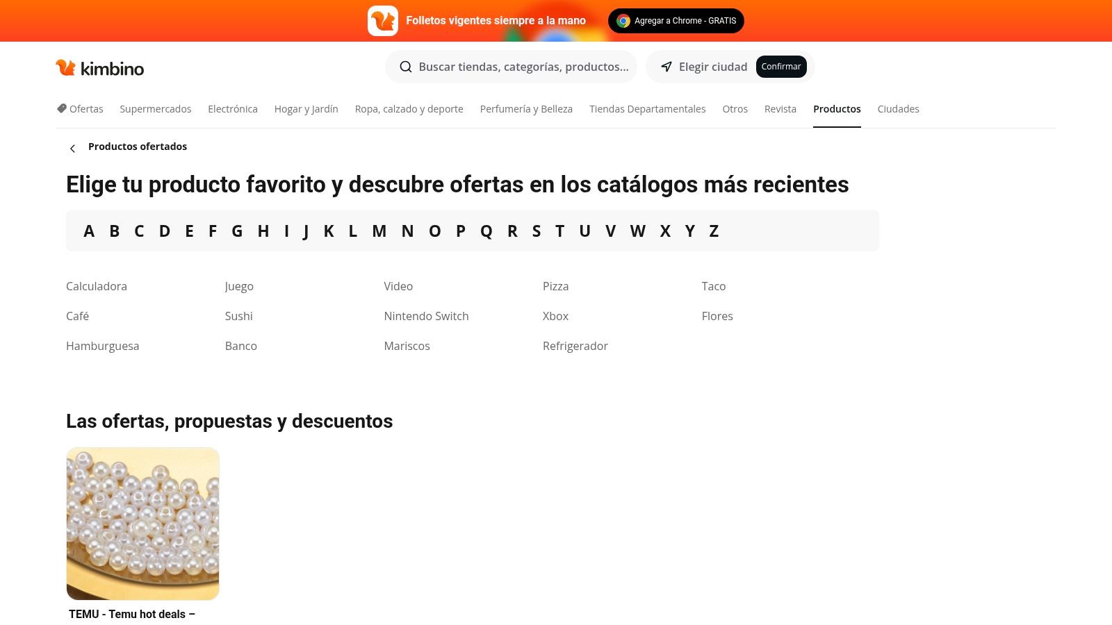 Sección de productos ofertados de Kimbino México con su índice alfabético, el selector de ciudad y las categorías de supermercados y folletos.