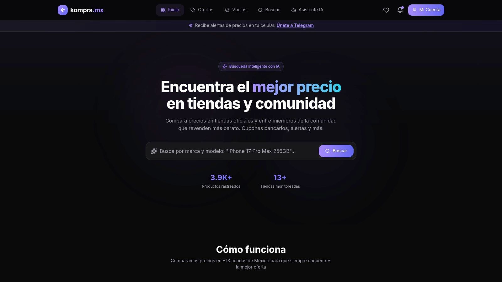 Portada de Kompra.mx con su buscador, el aviso de alertas de precio por Telegram y sus cifras de productos rastreados y tiendas monitoreadas.