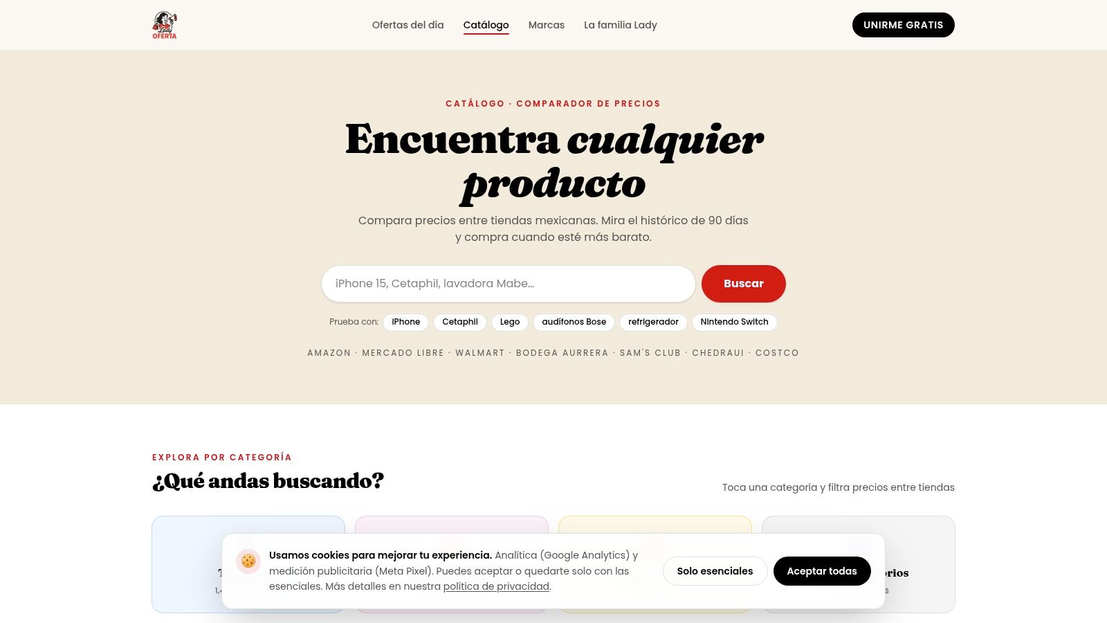 Catálogo de Lady Oferta con su buscador y las tiendas que compara: Amazon, Mercado Libre, Walmart, Bodega Aurrera, Sam's Club, Chedraui y Costco.