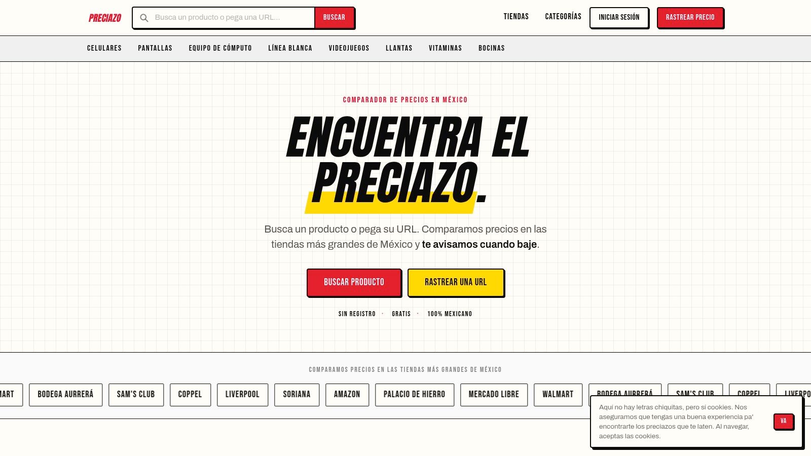 Portada de Preciazo.mx con su buscador de productos y las tiendas que compara: Walmart, Bodega Aurrerá, Sam's Club, Coppel, Liverpool, Soriana, Amazon y Mercado Libre.