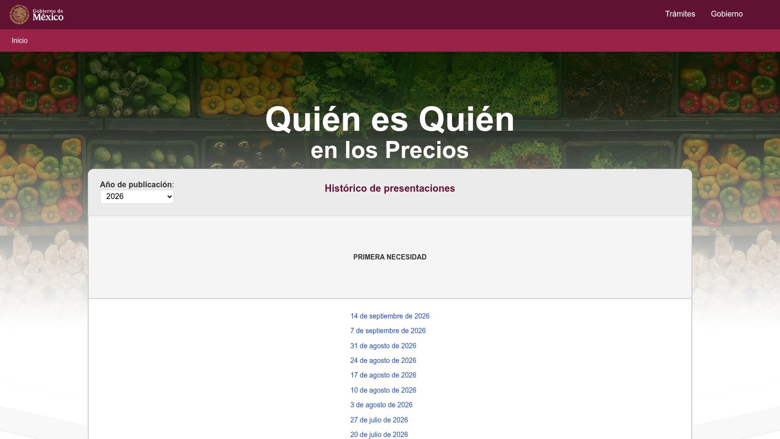 Portal Quién es Quién en los Precios de PROFECO con el histórico de presentaciones de productos de primera necesidad.