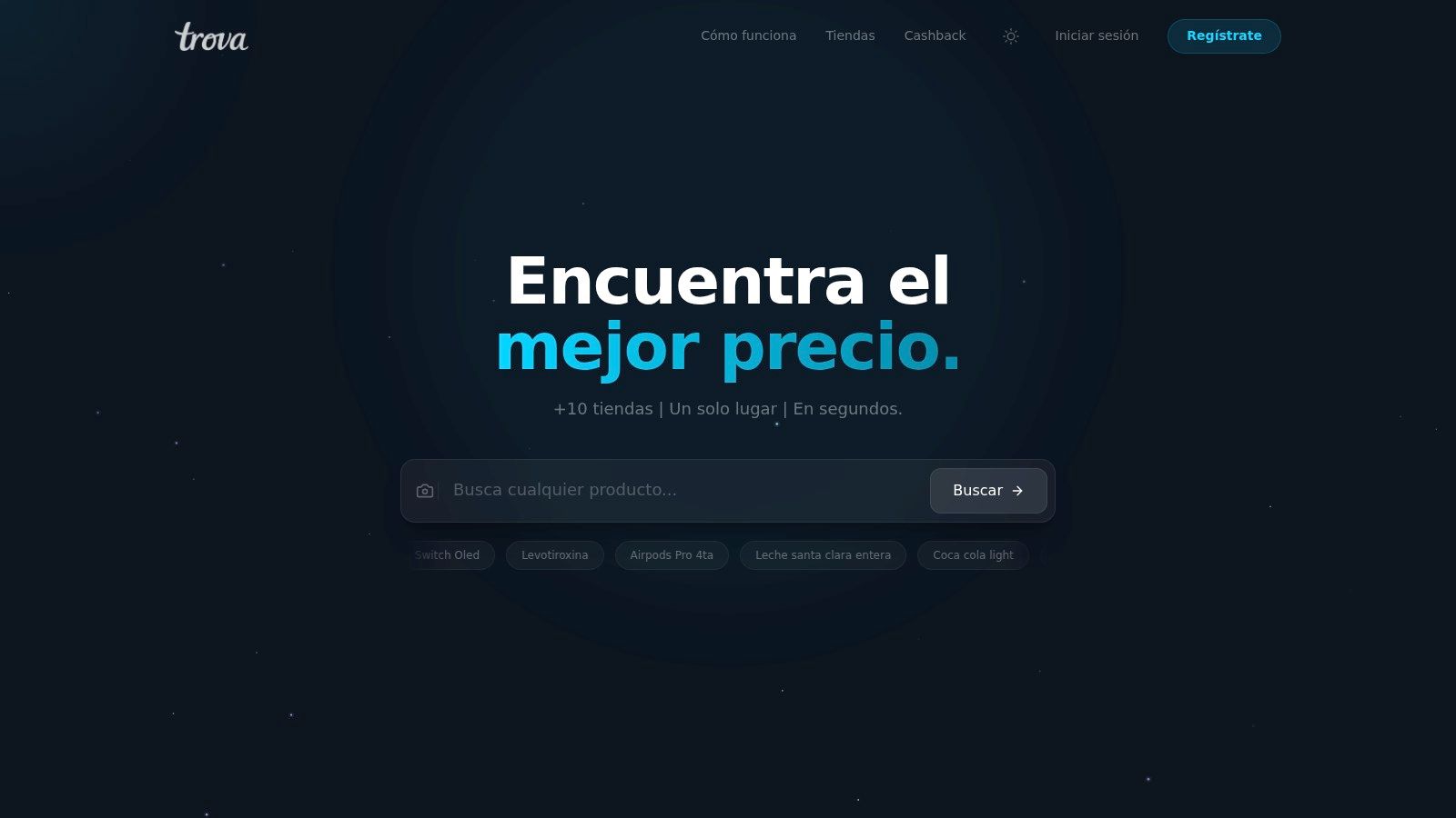 Buscador de Trova.mx con su promesa de comparar más de 10 tiendas y sugerencias como leche Santa Clara entera y Coca-Cola light.