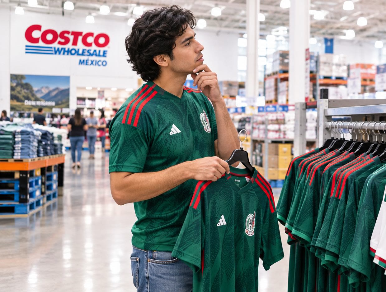 Un hombre joven compara jerseys de la Selección Mexicana en un exhibidor de una tienda Costco en México.