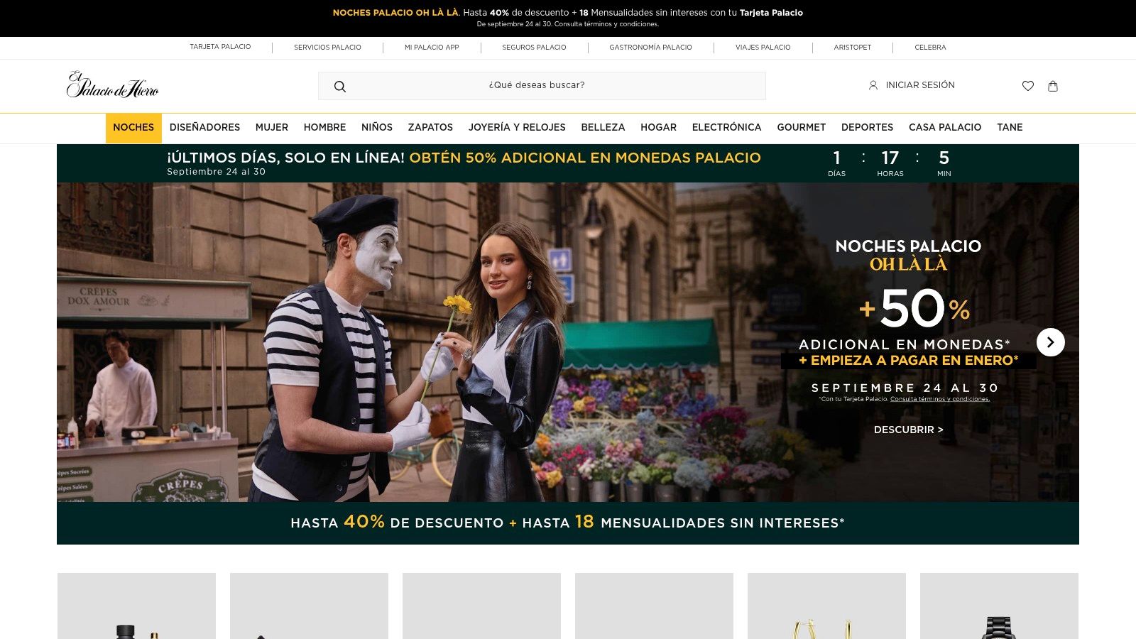 Página de inicio de El Palacio de Hierro durante la campaña Noches Palacio de septiembre de 2026.