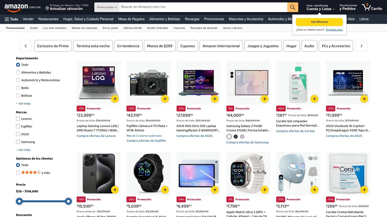 Sección de promociones de Amazon México con filtros por departamento, marca y descuento, y productos con precio de lista tachado.