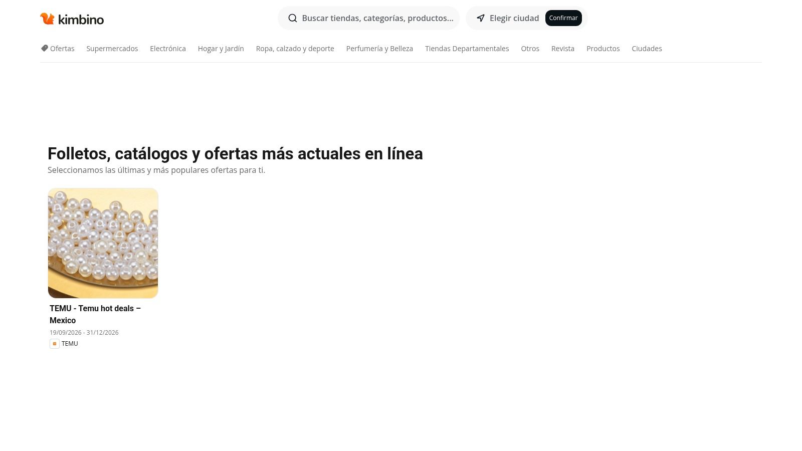 Portada de Kimbino con folletos y catálogos vigentes por tienda, su buscador y el selector de ciudad.