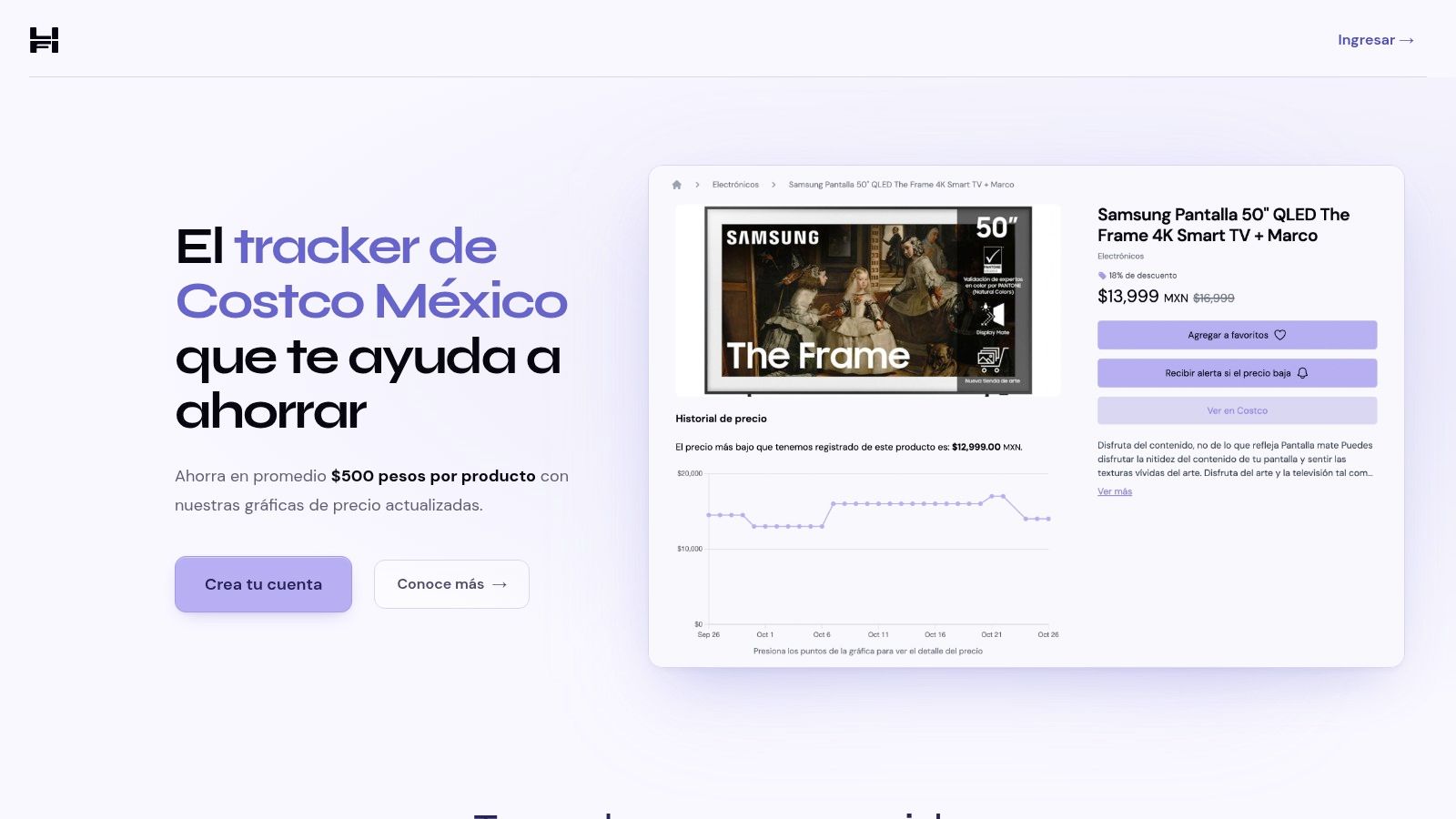 Página de inicio de lifi mostrando la gráfica de historial de precios de una pantalla Samsung The Frame y el botón "Recibir alerta si el precio baja".
