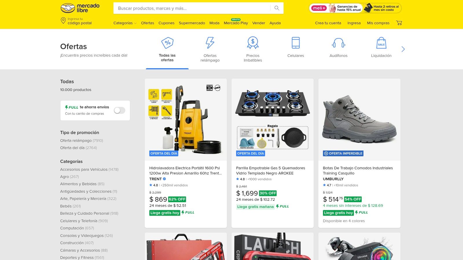 Sección de ofertas de Mercado Libre México con filtros por tipo de promoción y categoría, y publicaciones con porcentaje de descuento y envío gratis.