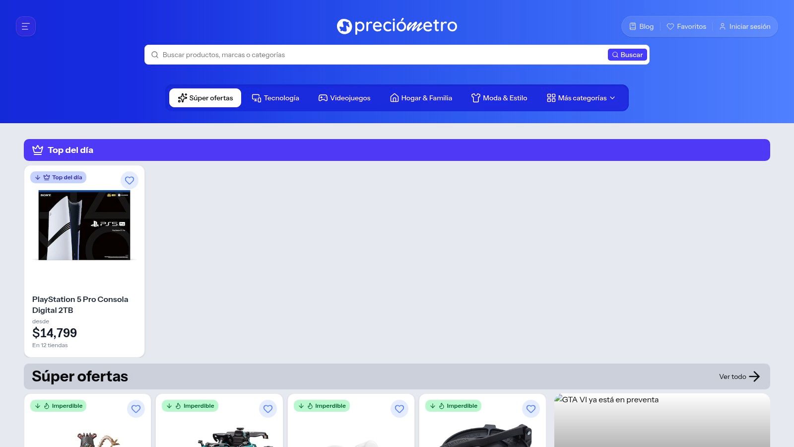 Portada de Precíometro con su buscador de productos, las categorías y el "Top del día" comparado entre varias tiendas.