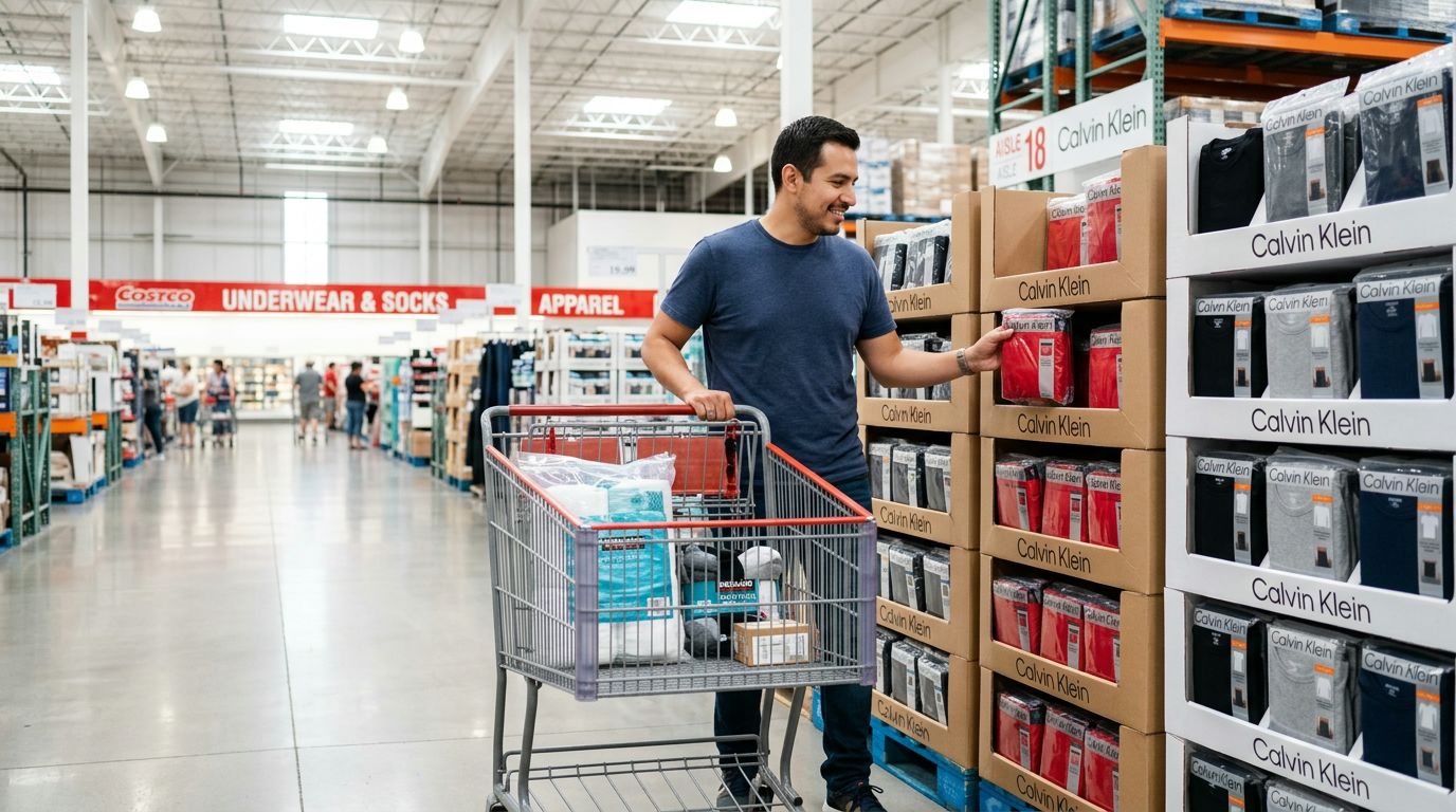 Un hombre sonriente elige paquetes de ropa interior en un pasillo de Costco muy iluminado.