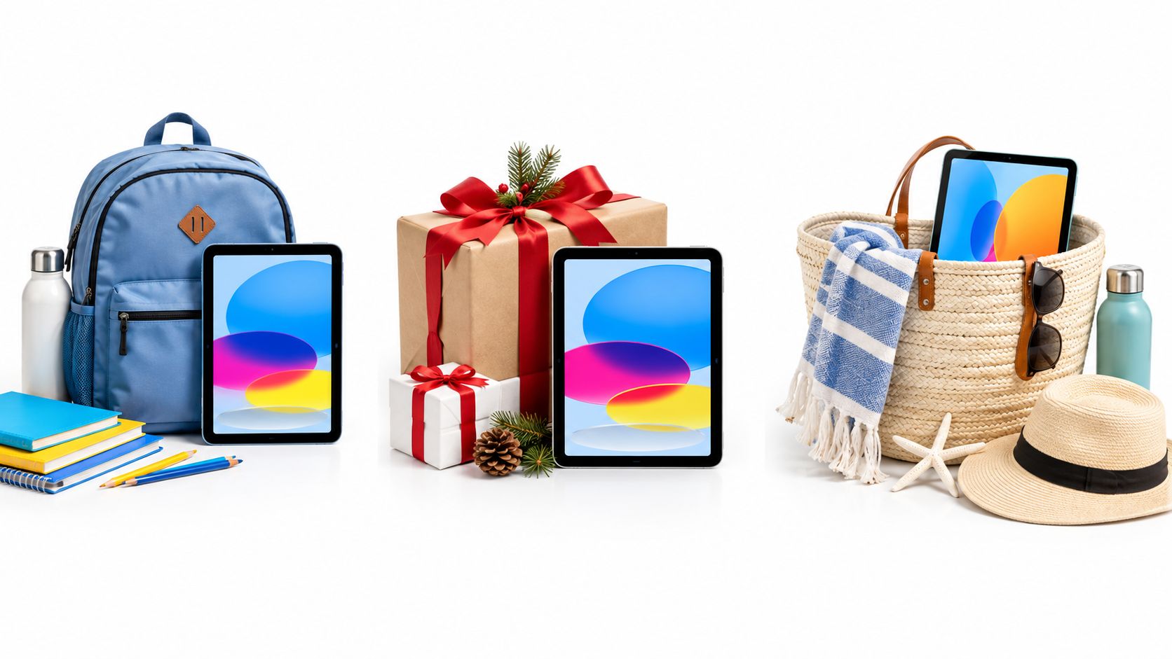 Tres tabletas mostradas en distintos escenarios: lista para la escuela junto a una mochila, envuelta como regalo navideño, y dentro de una cesta de playa con toalla y sombrero.