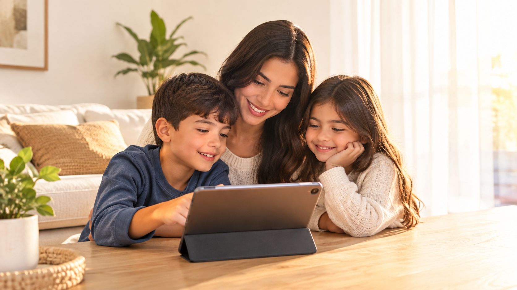 Una madre y sus dos hijos sonriendo mientras miran juntos una tableta apoyada en la mesa de la sala.