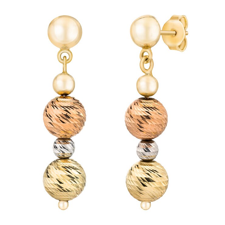 Aretes de Cuentas Multiples Colgantes, de Oro Tricolor de 14K — Imagen 1 de 4