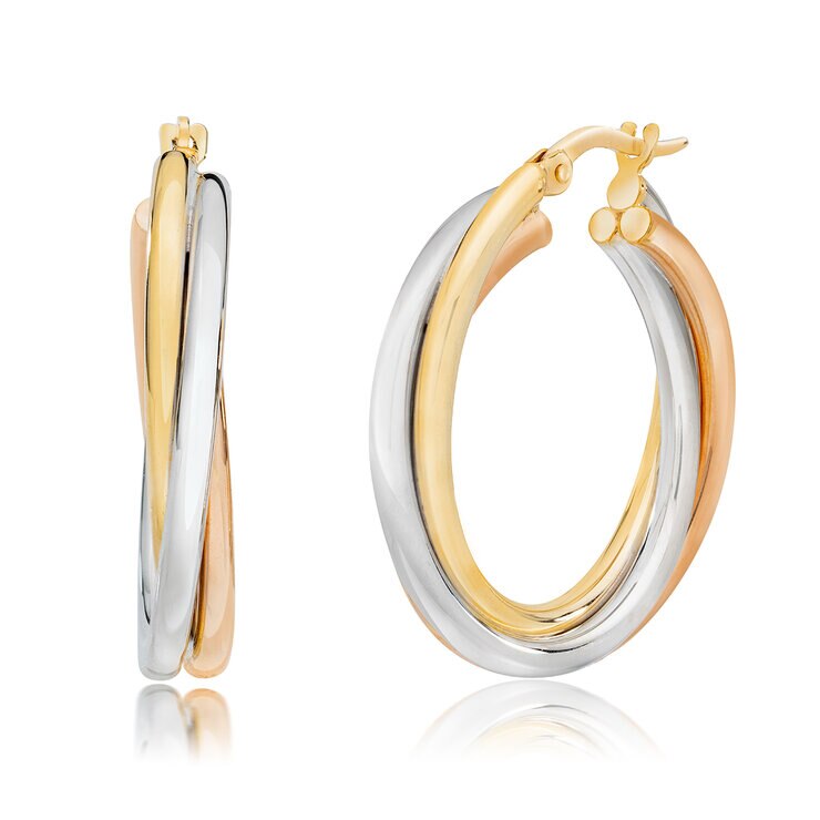 Aretes de Aro Cruzados de Tres Hileras, de Oro Tricolor de 14K — Imagen 1 de 3