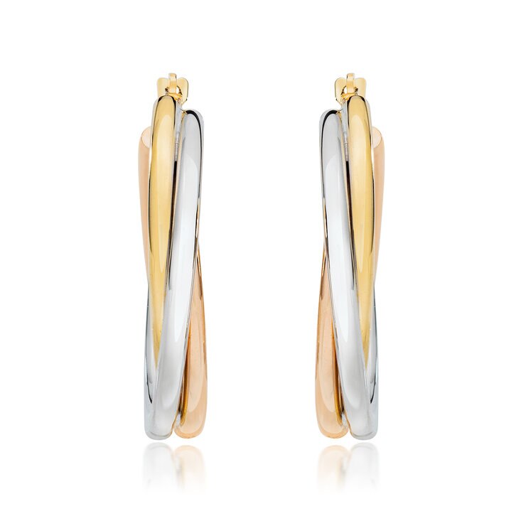 Aretes de Aro Cruzados de Tres Hileras, de Oro Tricolor de 14K — Imagen 2 de 3