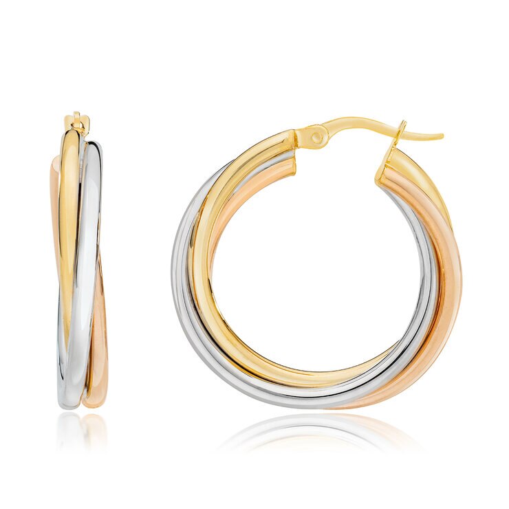 Aretes de Aro Cruzados de Tres Hileras, de Oro Tricolor de 14K — Imagen 3 de 3