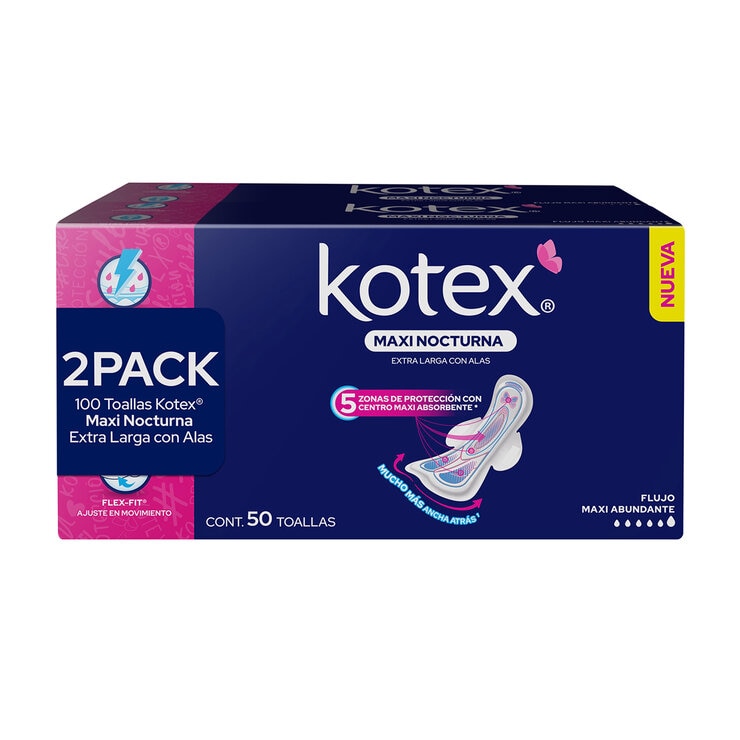 Kotex Maxi Nocturna Toallas Femeninas 100 pzas  — Imagen 1 de 3