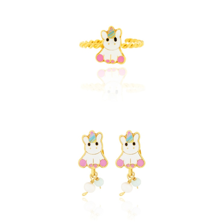 Juego de Aretes y Anillo Ajustable, Figura Unicornio, Para Niña — Imagen 1 de 3