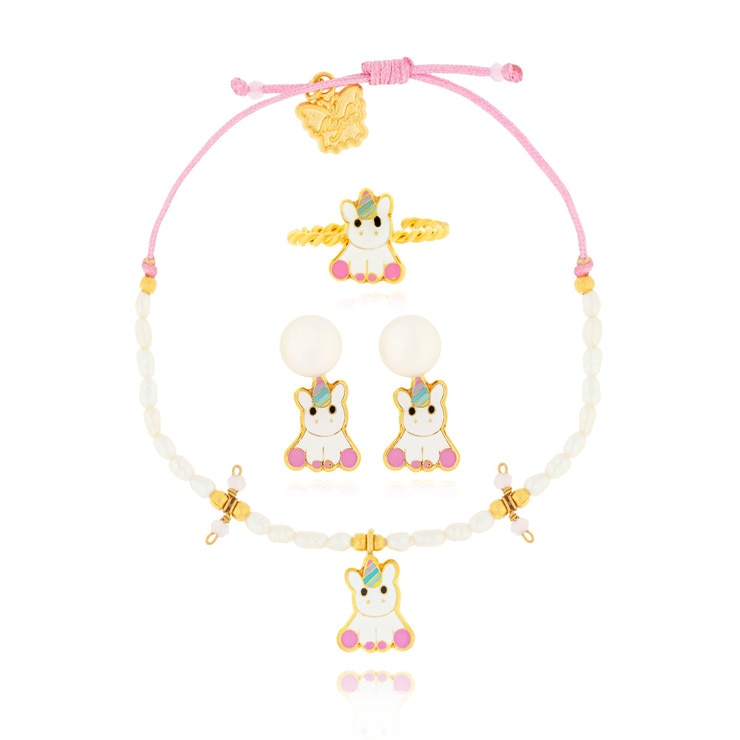 Juego de Pulsera, Aretes y Anillo con Perlas de Río, Figura de Unicornio, para Niña — Imagen 1 de 4