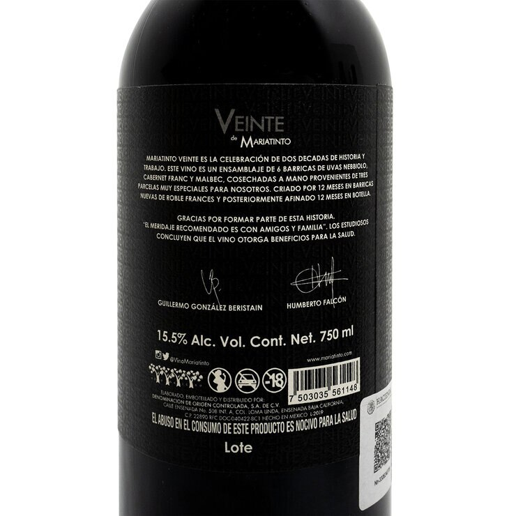 Vino Tinto Veinte de Mariatinto 750 ml — Imagen 3 de 4