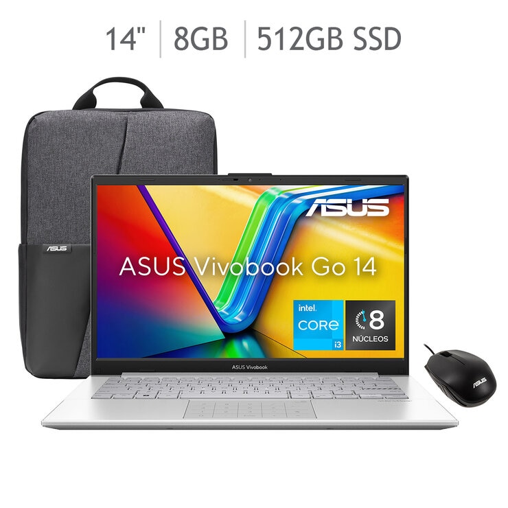 ASUS Vivobook Go 14 Laptop 14" Ful HD Intel Core i3 8GB 512GB SSD + Mochila + Mouse — Imagen 1 de 4