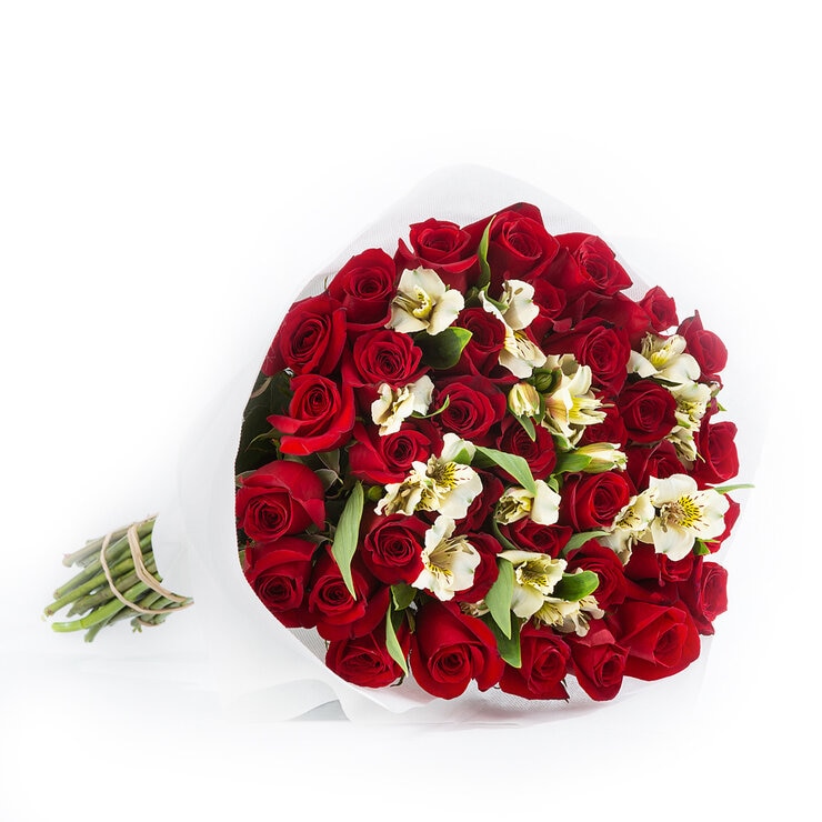 Chiltepec, Bouquet de 36 Rosas Rojas, con 6 Astromelias Blancas, Incluye Florero — Imagen 1 de 3