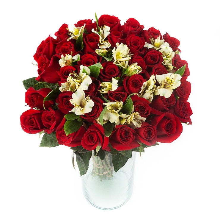 Chiltepec, Bouquet de 36 Rosas Rojas, con 6 Astromelias Blancas, Incluye Florero — Imagen 2 de 3