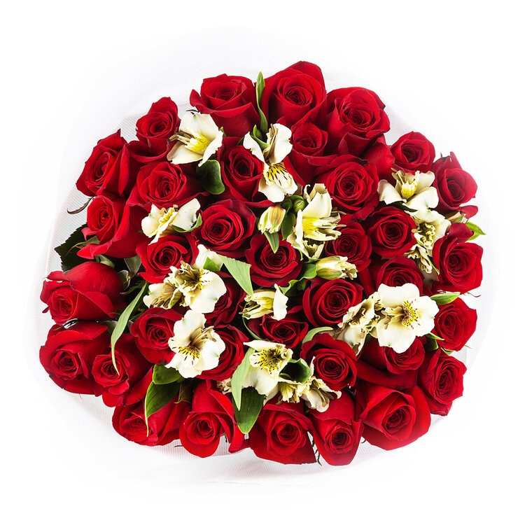 Chiltepec, Bouquet de 36 Rosas Rojas, con 6 Astromelias Blancas, Incluye Florero — Imagen 3 de 3