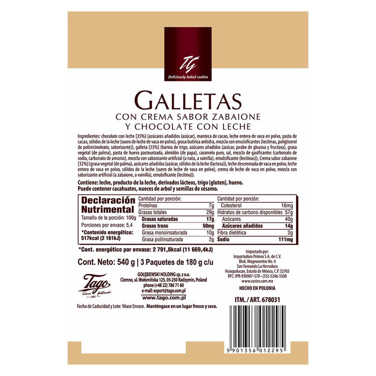 Tago Galletas con Crema sabor Zabaione y Chocolate con Leche 540 g — Imagen 2 de 2