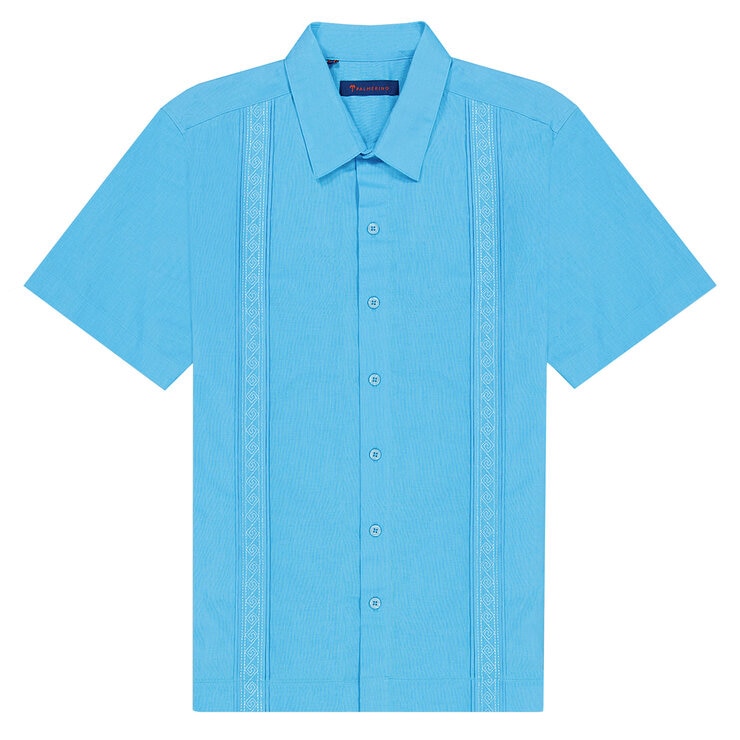 Palmerino, Camisa Guayabera Manga Corta, Para hombre, De Lino, Color Azul, Modelo Released, Talla Chica — Imagen 1 de 2