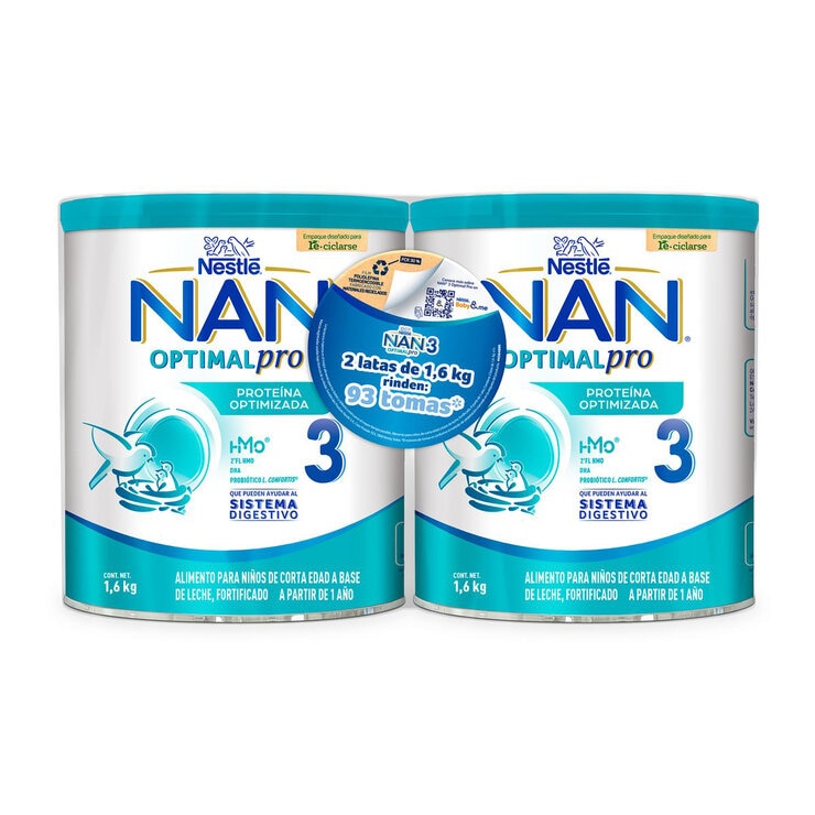 NAN 3 Optimal Pro de 1 a 2 Años 6 Packs de 2 Latas de 1.6kg c/u