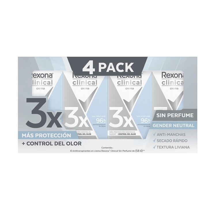 Rexona Clinical Antitranspirante en Crema Unisex Sin Aroma 4 pzas de 58 gr — Imagen 1 de 4