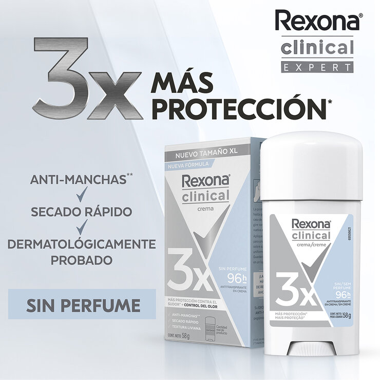 Rexona Clinical Antitranspirante en Crema Unisex Sin Aroma 4 pzas de 58 gr — Imagen 3 de 4