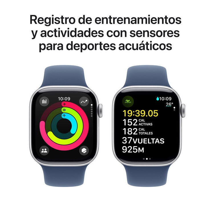 Apple Watch S10 (GPS + Cellular) Caja de aluminio plata 42mm con correa deportiva azul denim S/M — Imagen 3 de 4