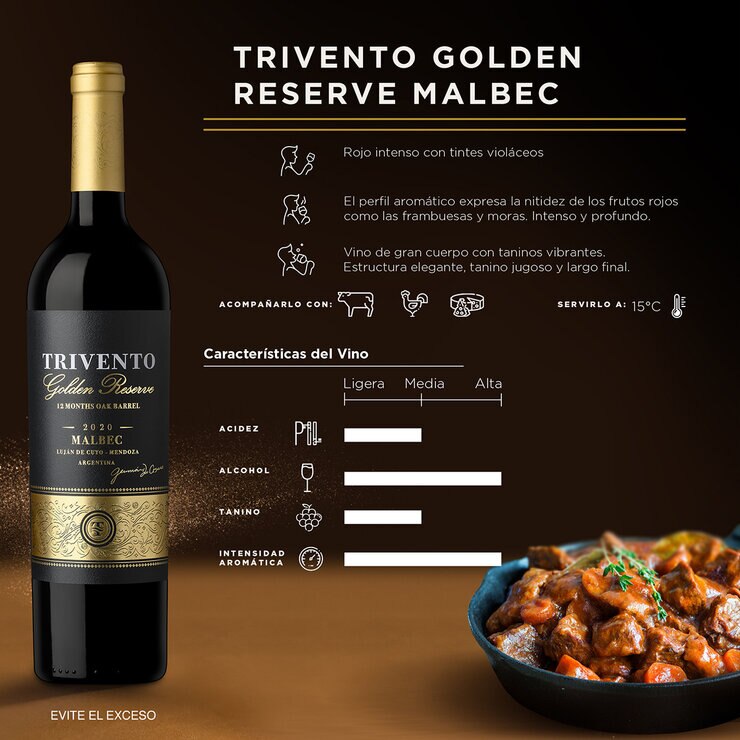 Vino Tinto Trivento Golden Reserve Malbec 750 ml + Lind Barra de Chocolate Amargo 100 g — Imagen 3 de 4