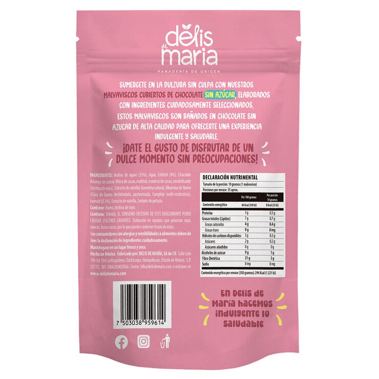 Delis de Maria Malvaviscos Cubiertos de Chocolate Sin Azúcar Añadida 350 g — Imagen 2 de 2