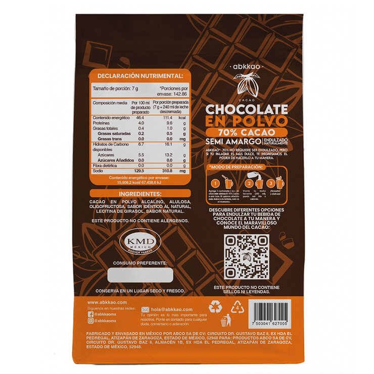 Abkkao Chocolate en Polvo 70% Cacao 1 kg — Imagen 3 de 4