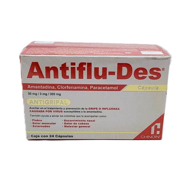 Antiflu-Des Amantadina 50mg, Clorfenamina 3mg, Paracetamol 300mg 2 cajas de 24 cápsulas c/u — Imagen 1 de 2