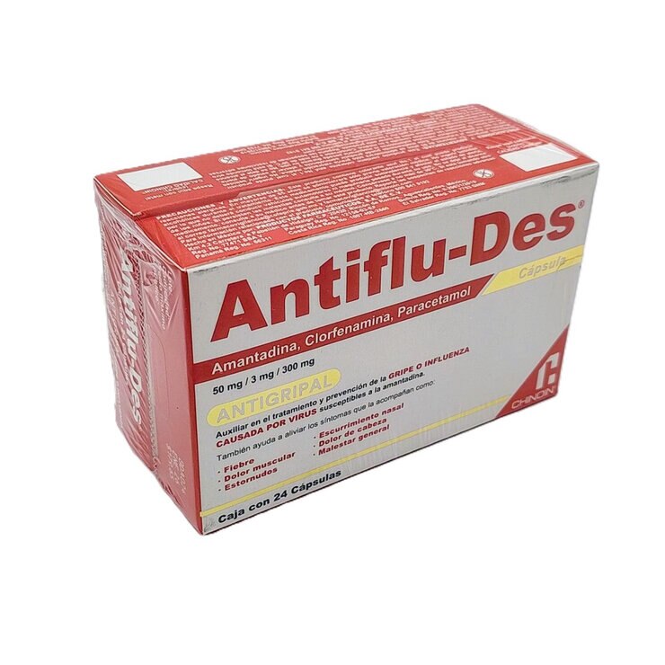 Antiflu-Des Amantadina 50mg, Clorfenamina 3mg, Paracetamol 300mg 2 cajas de 24 cápsulas c/u — Imagen 2 de 2