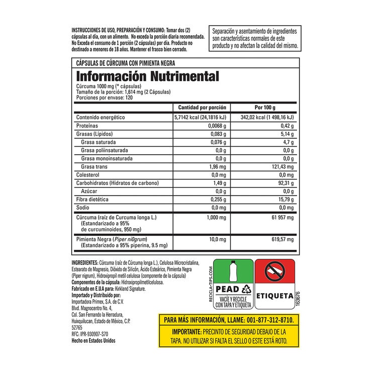 Kirkland Cúrcuma 1000 mg con Pimienta Negra 240 cápsulas — Imagen 3 de 3