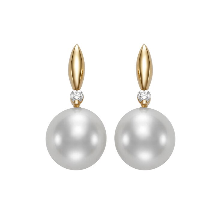 Aretes de Perlas Cultivadas, 7-7.5mm, con Diamantes .034ctw, Oro Amarillo de 14K — Imagen 2 de 4