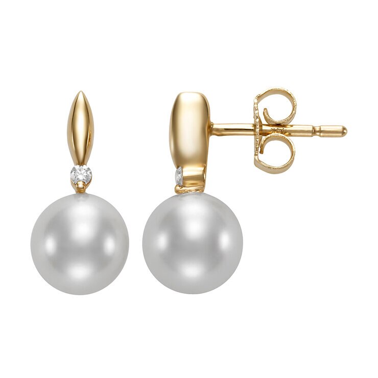 Aretes de Perlas Cultivadas, 7-7.5mm, con Diamantes .034ctw, Oro Amarillo de 14K — Imagen 3 de 4
