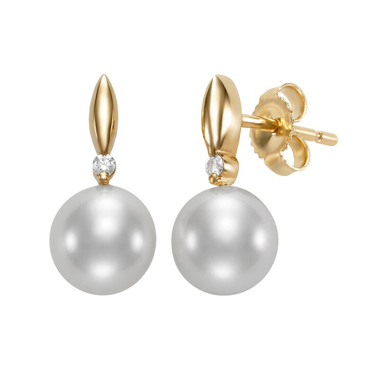 Aretes de Perlas Cultivadas, 7-7.5mm, con Diamantes .034ctw, Oro Amarillo de 14K — Imagen 1 de 4