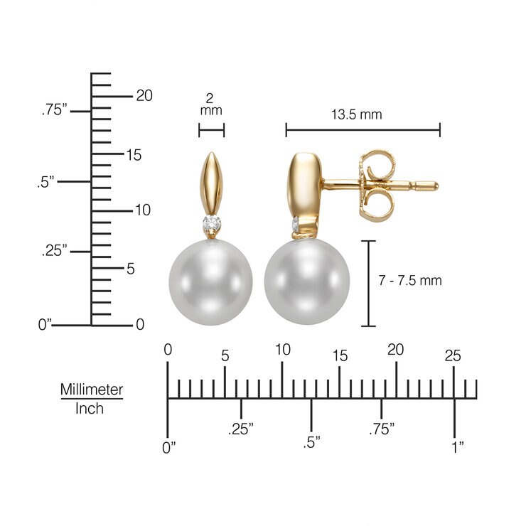 Aretes de Perlas Cultivadas, 7-7.5mm, con Diamantes .034ctw, Oro Amarillo de 14K — Imagen 4 de 4