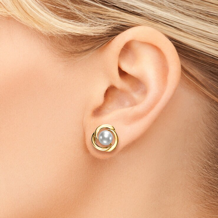 Aretes de Perlas Cultivadas, 7-7.5mm, de Oro Amarillo de 14K — Imagen 3 de 4