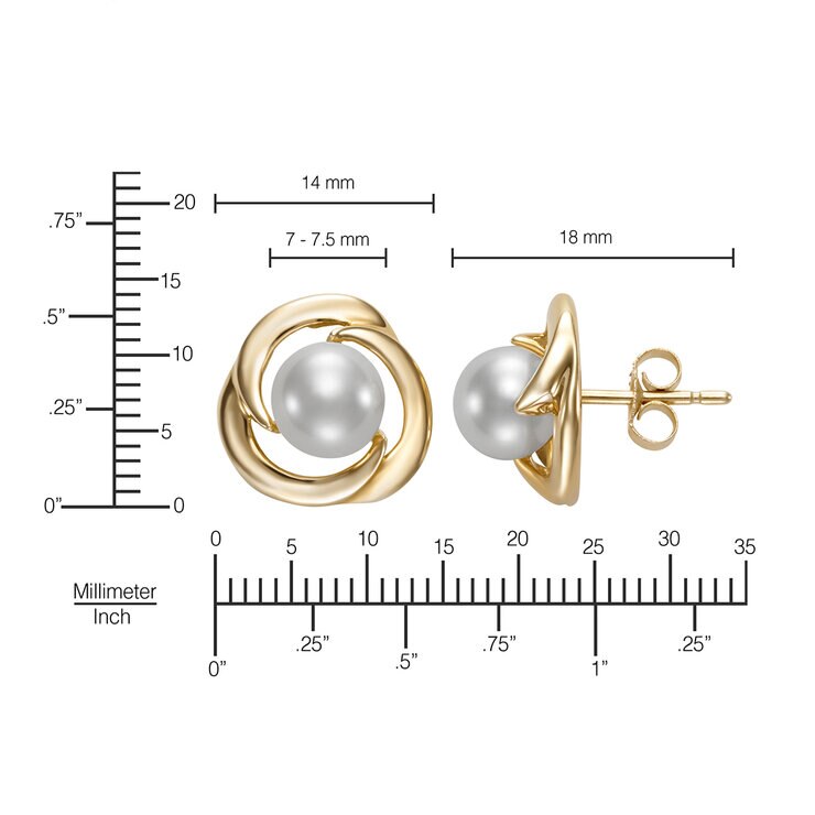 Aretes de Perlas Cultivadas, 7-7.5mm, de Oro Amarillo de 14K — Imagen 4 de 4