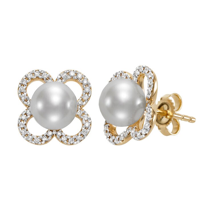 Aretes de Perlas Cultivadas y Diamantes 0.20ctw, , Oro Blanco de 14kt — Imagen 1 de 4